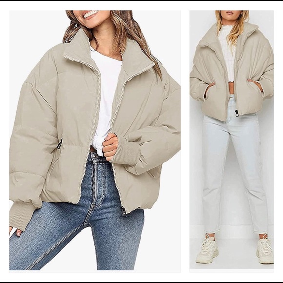 merokeety Jackets & Blazers - NWT Winter Long Sleeve Zip Puffer Jacket Baggy Short Down Coats( Beige color